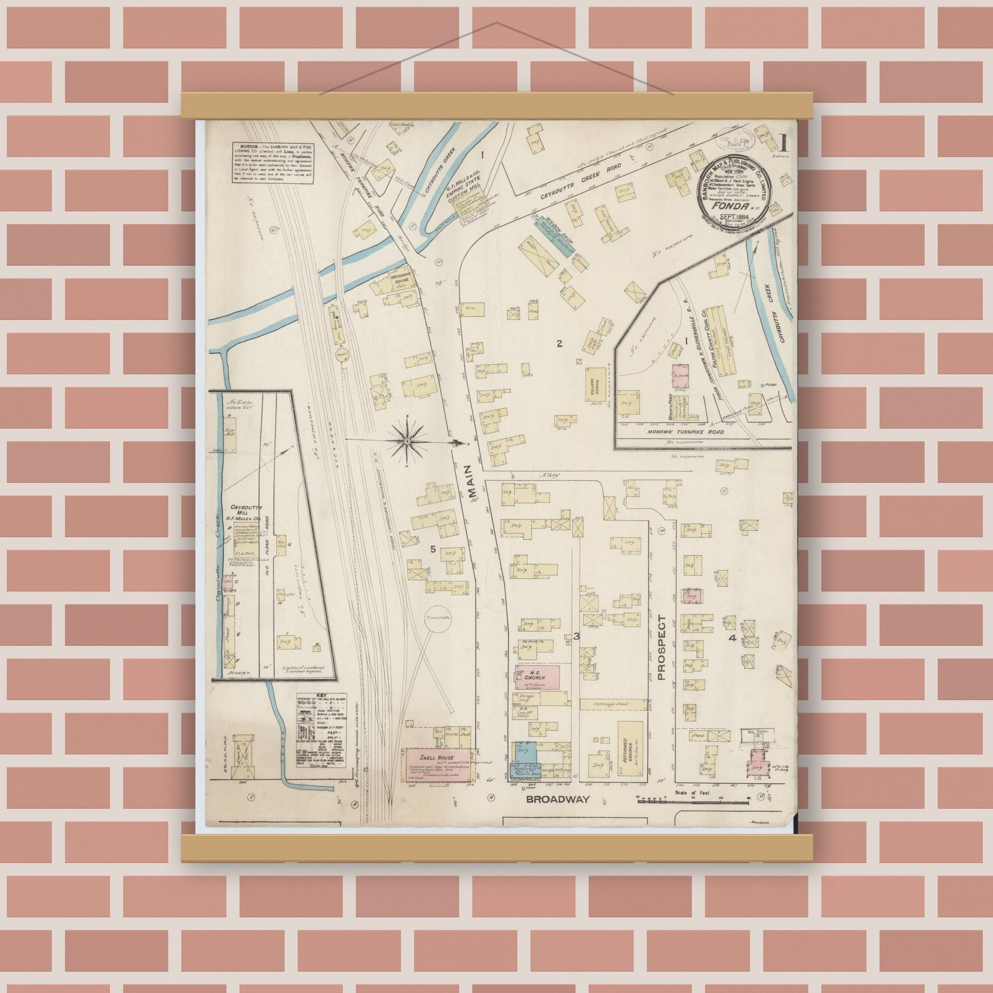 Old map wall art mockup — magnetic wood frame on brick wall — Sanborn Fire Insurance Map from Fonda, Montgomery County, New York (1884) - Complete Map Set