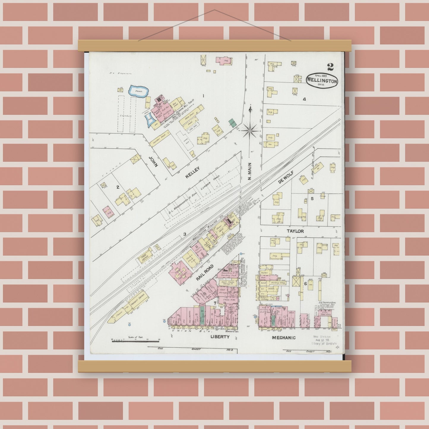 Old map wall art mockup — magnetic wood frame on brick wall — Sanborn Fire Insurance Map from Wellington, Lorain County, Ohio (1889), Sheet #0002