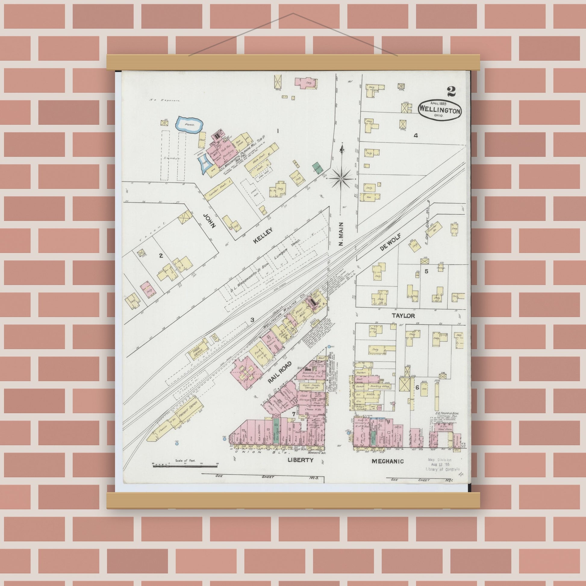 Old map wall art mockup — magnetic wood frame on brick wall — Sanborn Fire Insurance Map from Wellington, Lorain County, Ohio (1889), Sheet #0002