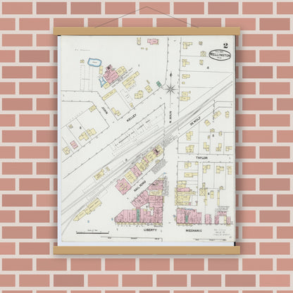 Old map wall art mockup — magnetic wood frame on brick wall — Sanborn Fire Insurance Map from Wellington, Lorain County, Ohio (1889), Sheet #0002