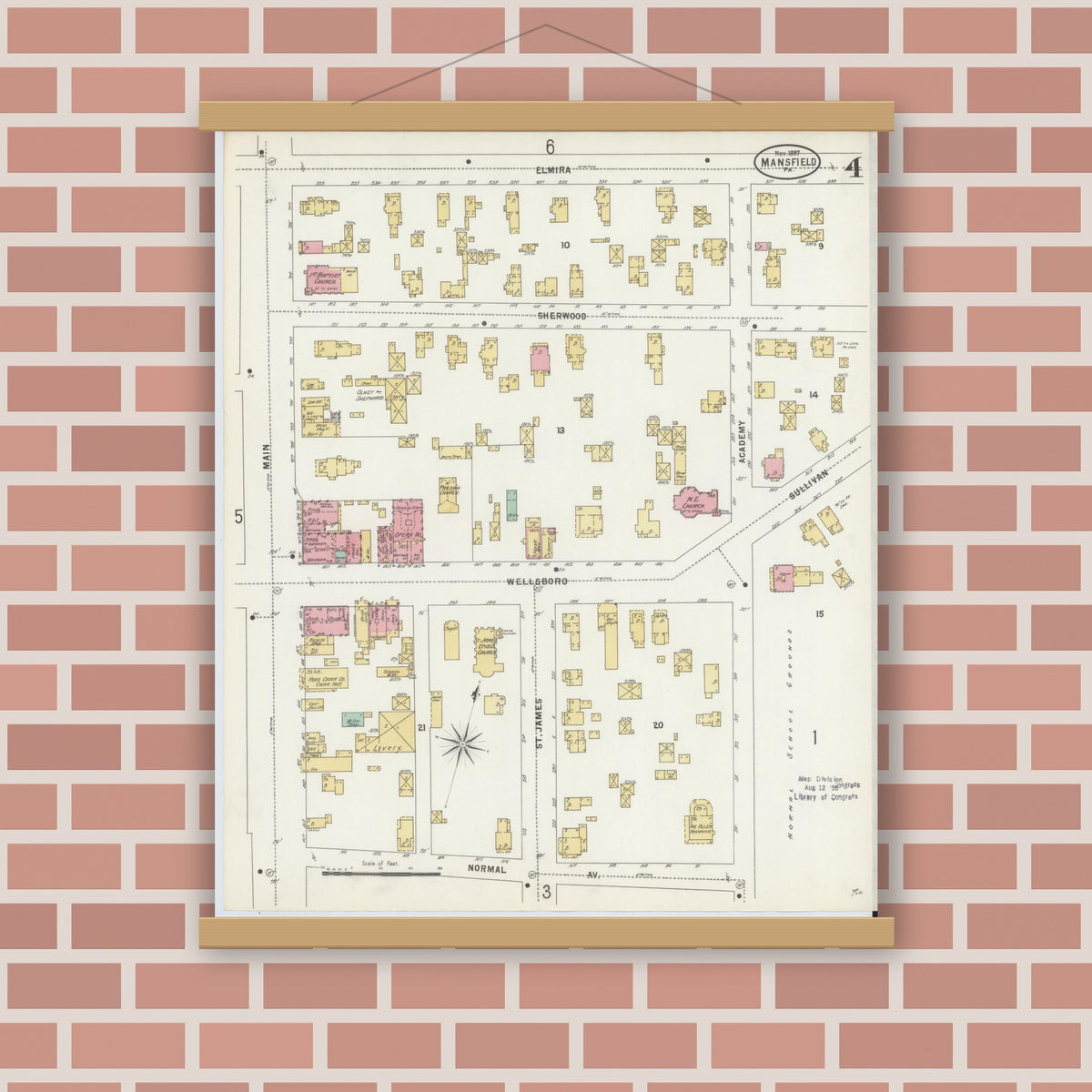 Old map wall art mockup — magnetic wood frame on brick wall — Sanborn Fire Insurance Map from Mansfield, Tioga County, Pennsylvania (1892), Sheet #0004