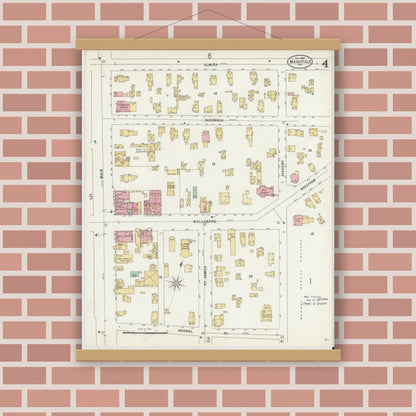 Old map wall art mockup — magnetic wood frame on brick wall — Sanborn Fire Insurance Map from Mansfield, Tioga County, Pennsylvania (1892), Sheet #0004