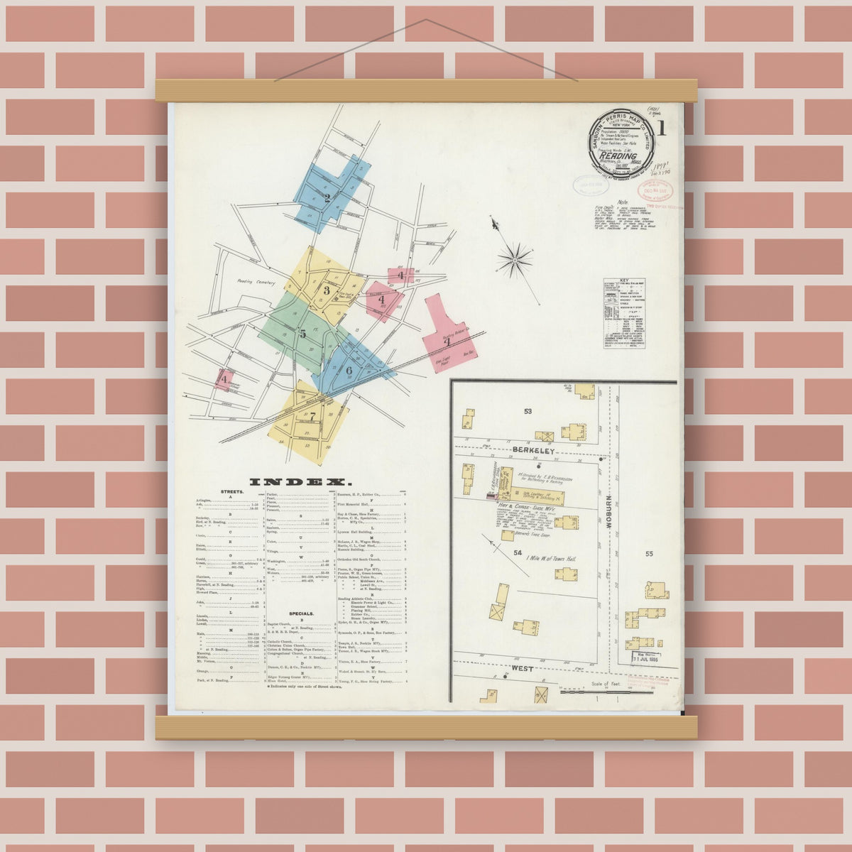 Old map wall art mockup — magnetic wood frame on brick wall — Sanborn Fire Insurance Map from Reading, Middlesex County, Massachusetts (1897) - Complete Map Set
