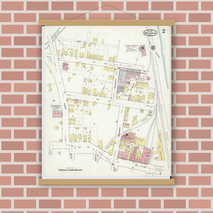 Old map wall art mockup — magnetic wood frame on brick wall — Sanborn Fire Insurance Map from Wellsville, Columbiana County, Ohio (1915), Sheet #0002
