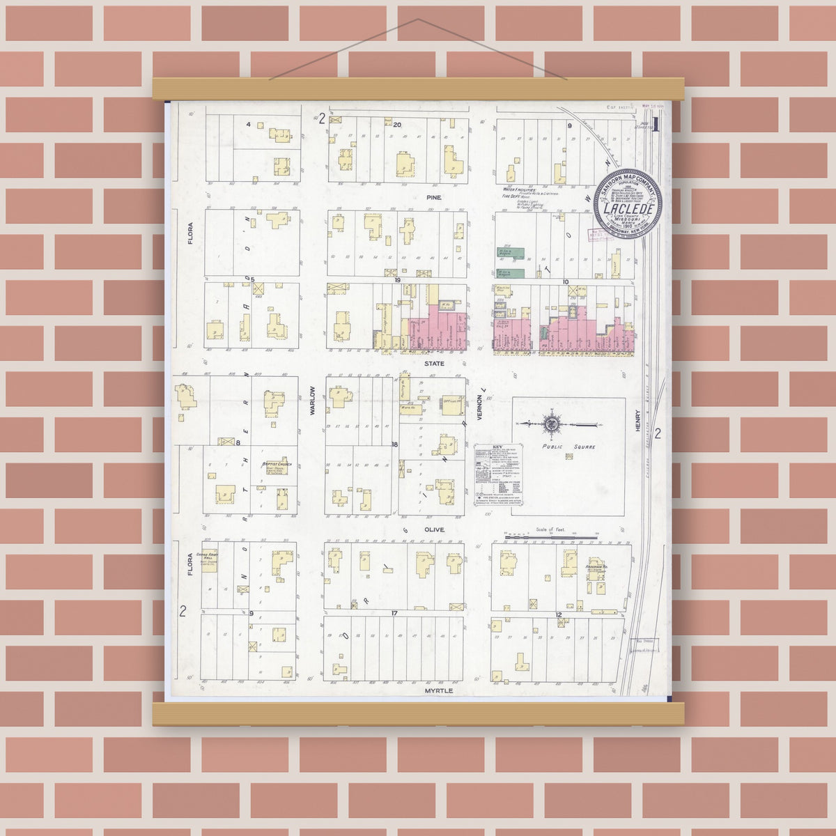 Old map wall art mockup — magnetic wood frame on brick wall — Sanborn Fire Insurance Map from Laclede, Linn County, Missouri (1910) - Complete Map Set