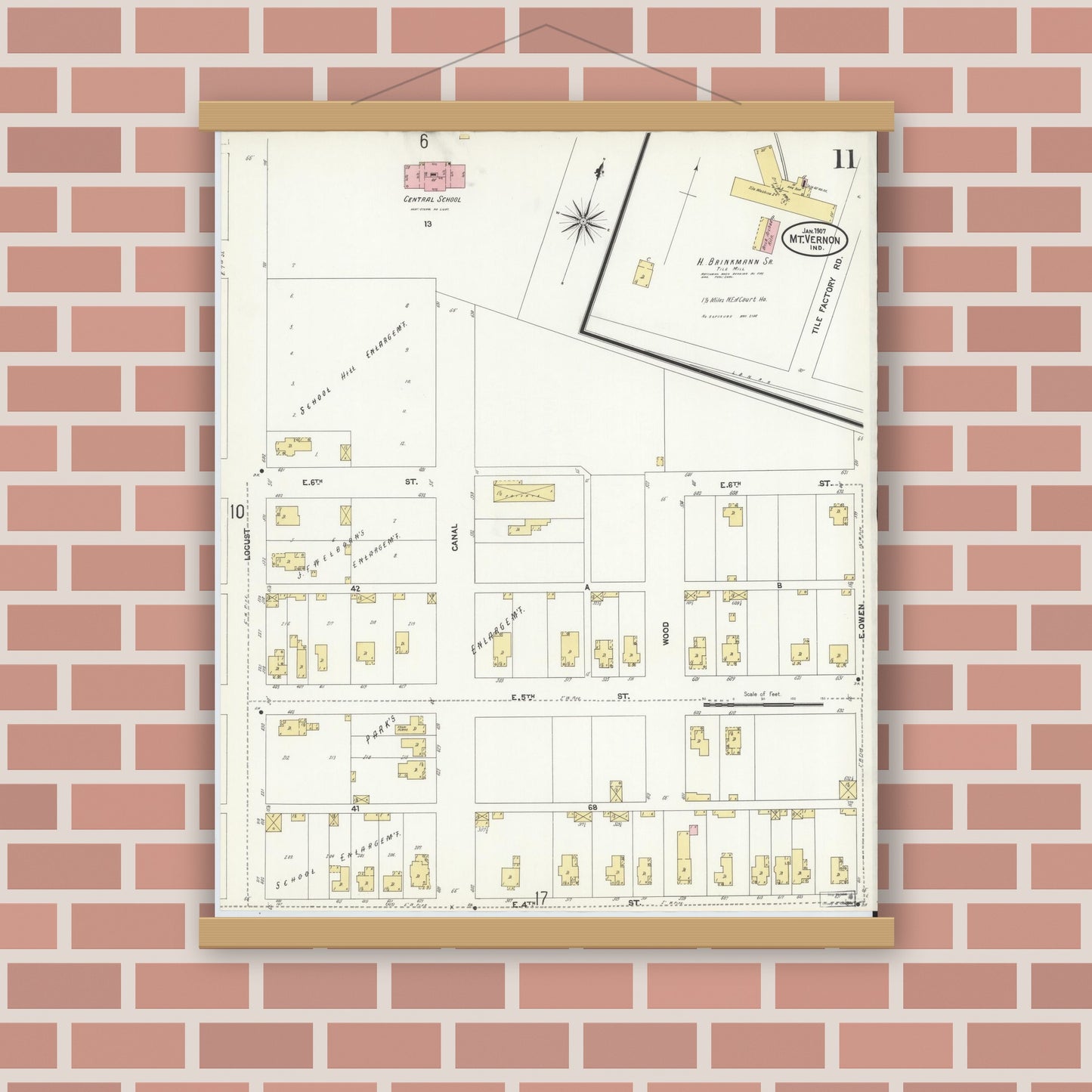 Old map wall art mockup — magnetic wood frame on brick wall — Sanborn Fire Insurance Map from Mount Vernon, Posey County, Indiana (1907), Sheet #0011