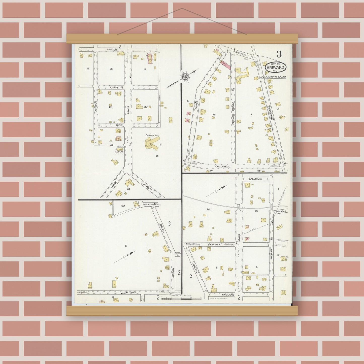 Old map wall art mockup — magnetic wood frame on brick wall — Sanborn Fire Insurance Map from Brevard, Transylvania County, North Carolina (1916), Sheet #0003