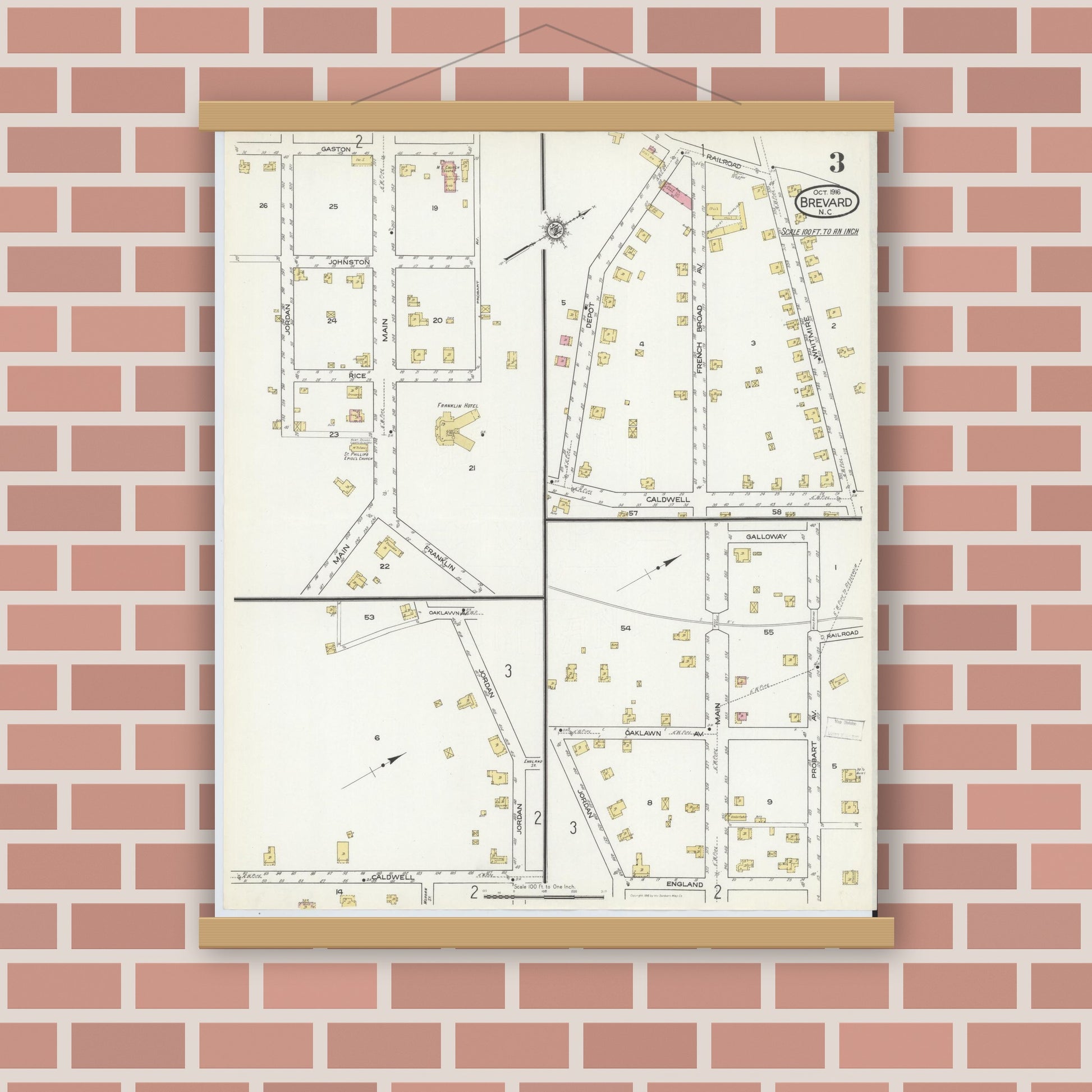 Old map wall art mockup — magnetic wood frame on brick wall — Sanborn Fire Insurance Map from Brevard, Transylvania County, North Carolina (1916), Sheet #0003