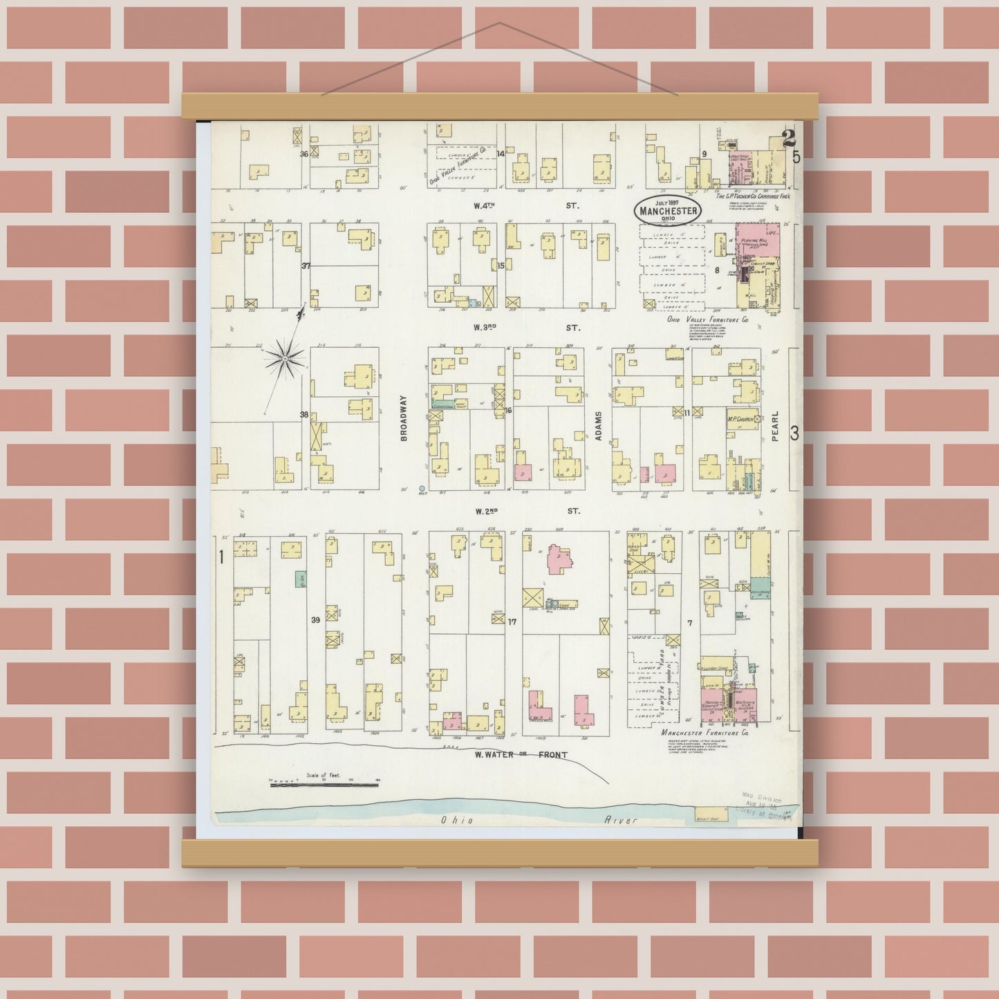 Old map wall art mockup — magnetic wood frame on brick wall — Sanborn Fire Insurance Map from Manchester, Adams County, Ohio (1897), Sheet #0002