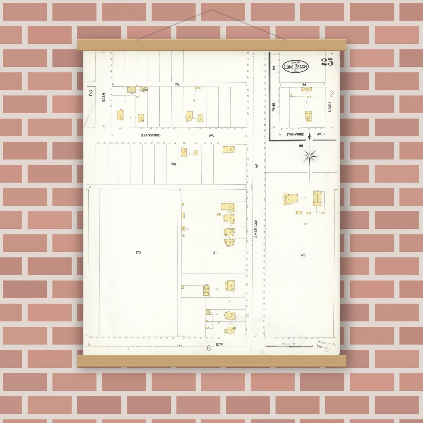 Old map wall art mockup — magnetic wood frame on brick wall — Sanborn Fire Insurance Map from Long Beach, Los Angeles County, California (1902), Sheet #0025