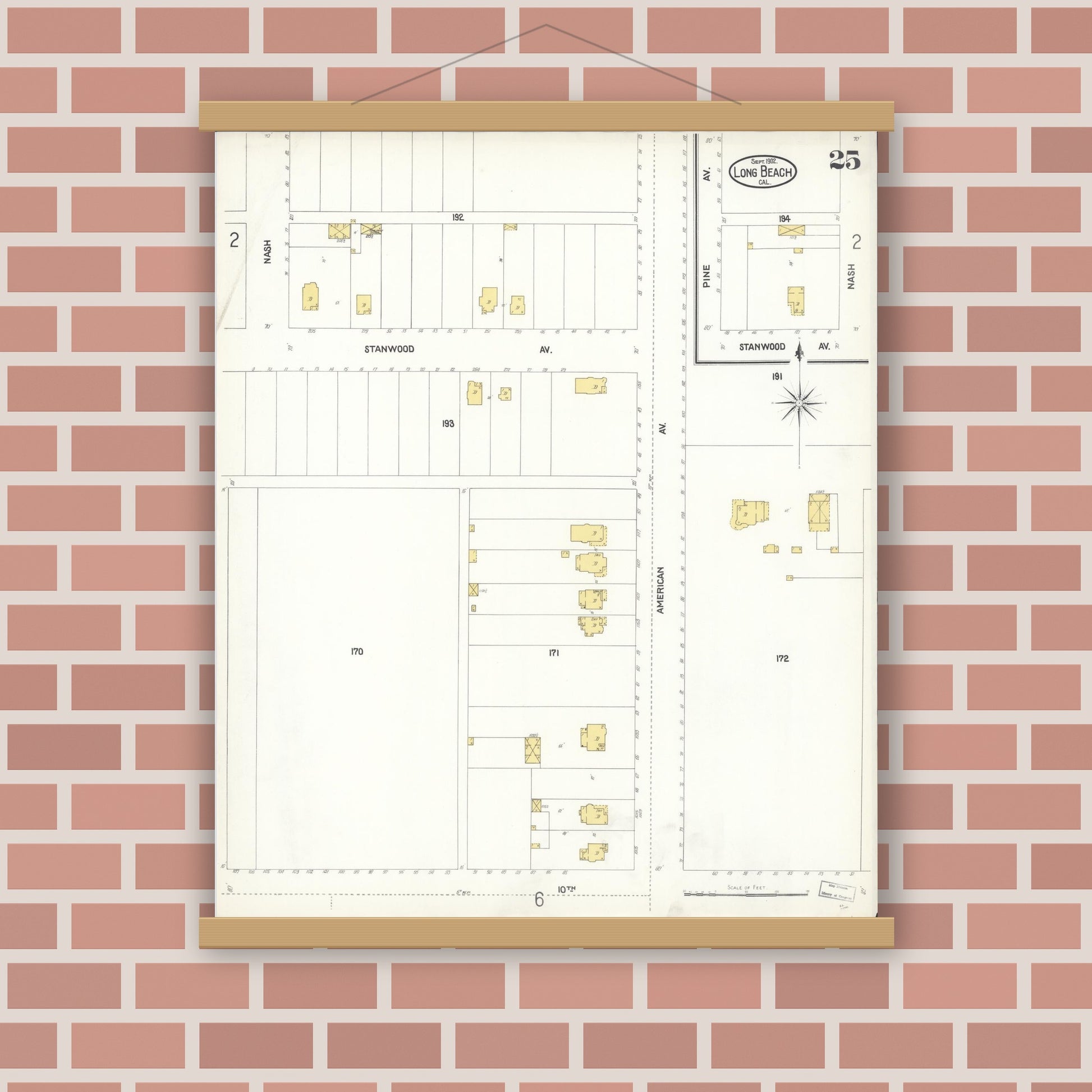 Old map wall art mockup — magnetic wood frame on brick wall — Sanborn Fire Insurance Map from Long Beach, Los Angeles County, California (1902), Sheet #0025