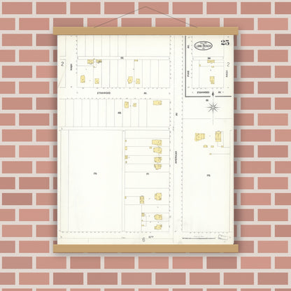 Old map wall art mockup — magnetic wood frame on brick wall — Sanborn Fire Insurance Map from Long Beach, Los Angeles County, California (1902), Sheet #0025