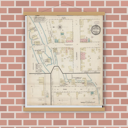 Old map wall art mockup — magnetic wood frame on brick wall — Sanborn Fire Insurance Map from Otsego, Allegan County, Michigan (1884), Sheet #0001