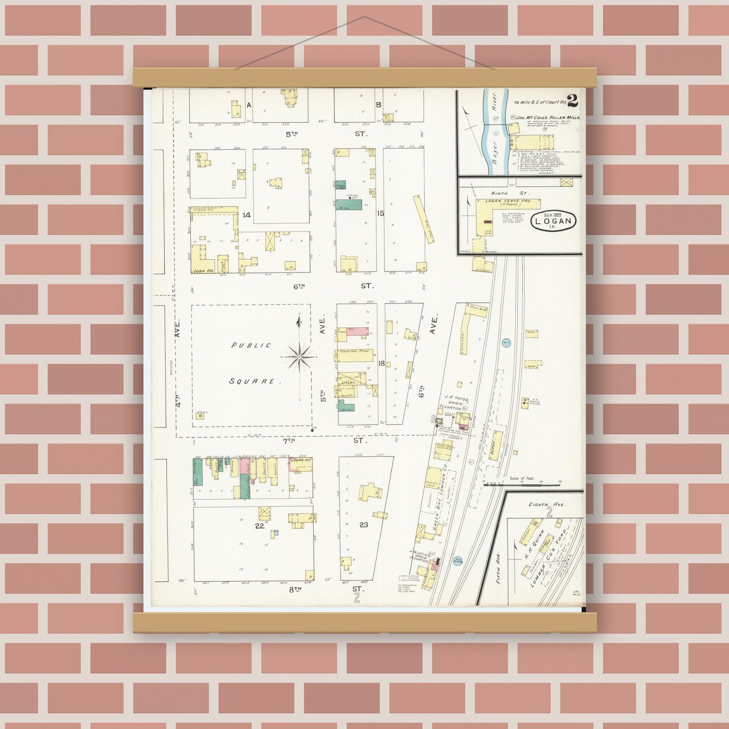 Old map wall art mockup — magnetic wood frame on brick wall — Sanborn Fire Insurance Map from Logan, Harrison County, Iowa (1893), Sheet #0002