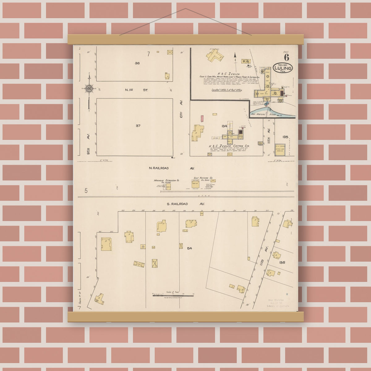 Old map wall art mockup — magnetic wood frame on brick wall — Sanborn Fire Insurance Map from Luling, Caldwell County, Texas (1921), Sheet #0006