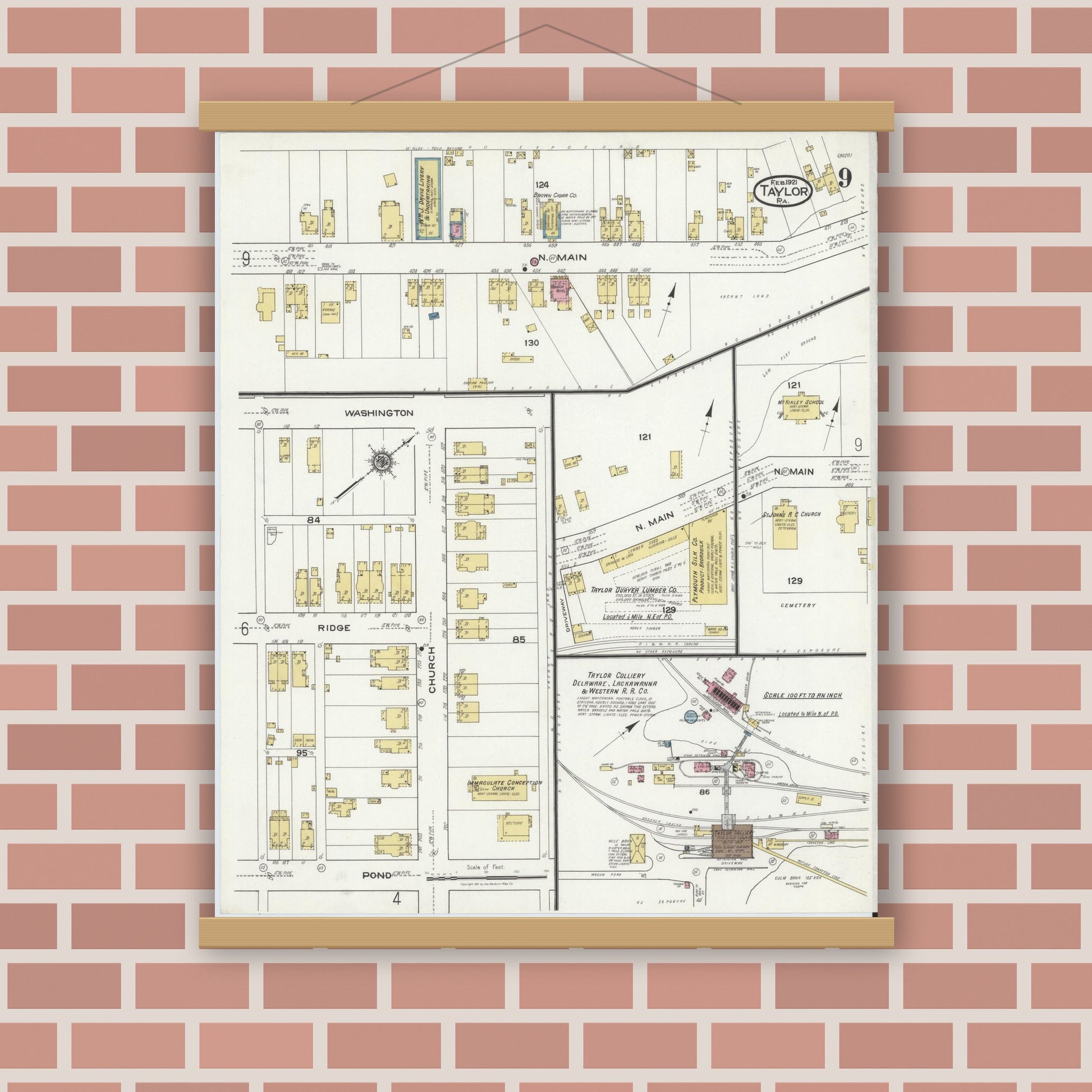 Old map wall art mockup — magnetic wood frame on brick wall — Sanborn Fire Insurance Map from Taylor, Lackawanna County, Pennsylvania (1921), Sheet #0009