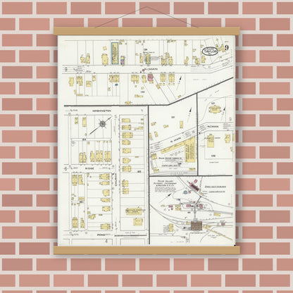 Old map wall art mockup — magnetic wood frame on brick wall — Sanborn Fire Insurance Map from Taylor, Lackawanna County, Pennsylvania (1921), Sheet #0009