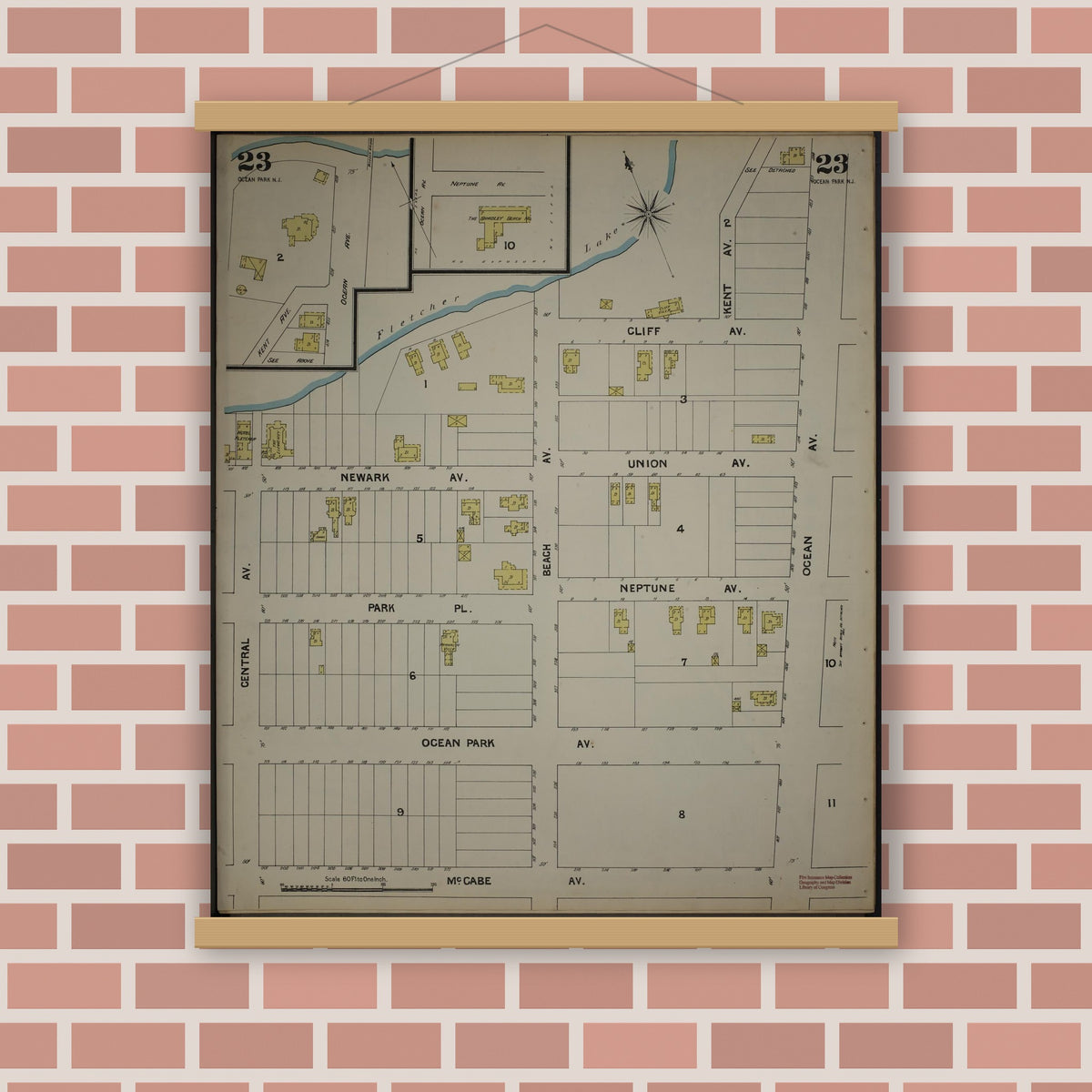Old map wall art mockup — magnetic wood frame on brick wall — Sanborn Fire Insurance Map from New Jersey Coast, New Jersey Coast, New Jersey (1890), Sheet #0023