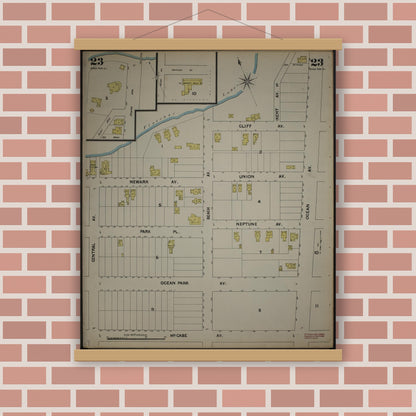 Old map wall art mockup — magnetic wood frame on brick wall — Sanborn Fire Insurance Map from New Jersey Coast, New Jersey Coast, New Jersey (1890), Sheet #0023