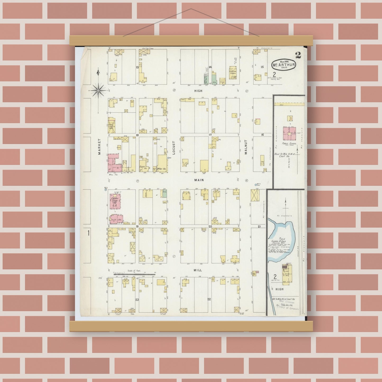 Old map wall art mockup — magnetic wood frame on brick wall — Sanborn Fire Insurance Map from McArthur, Vinton County, Ohio (1896), Sheet #0002