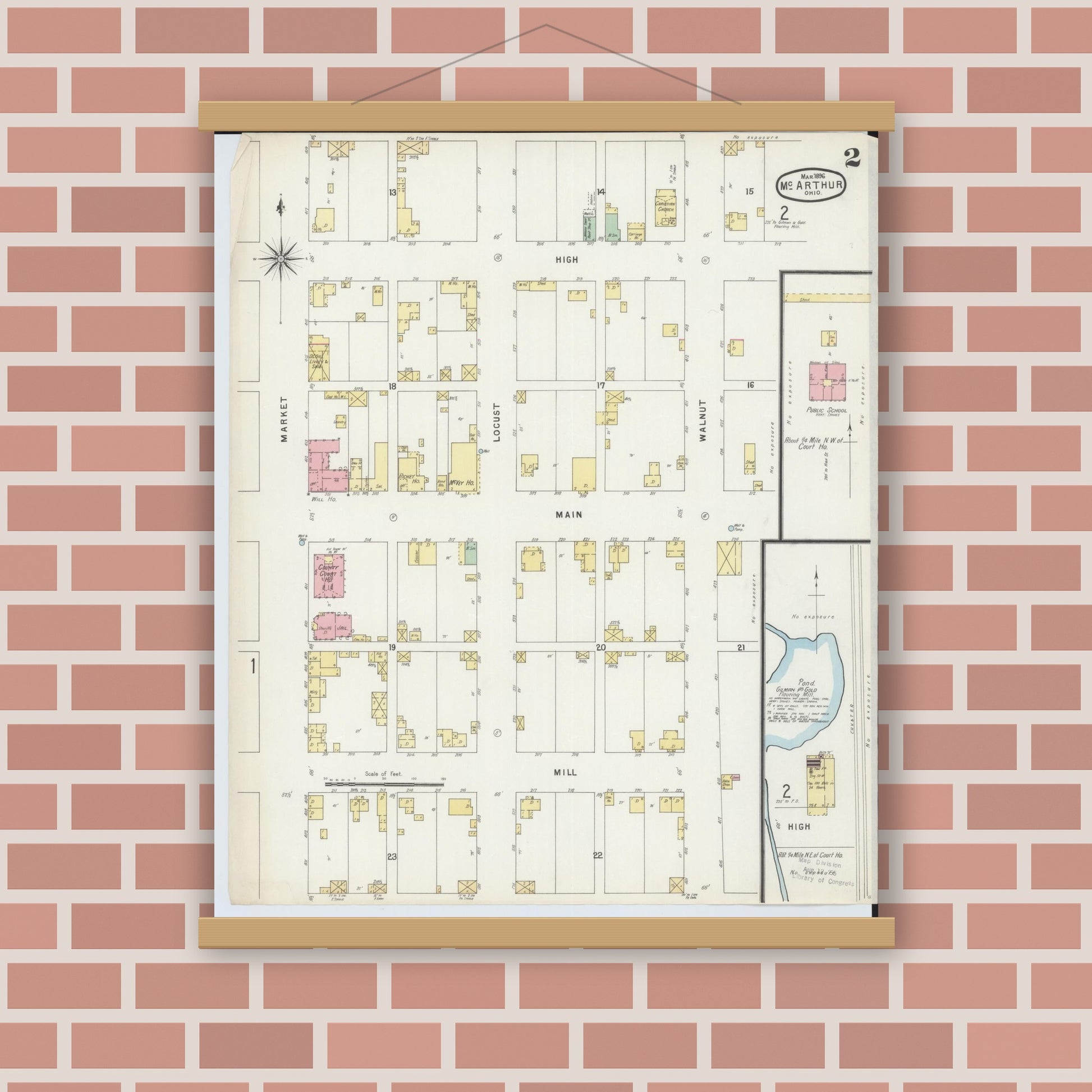 Old map wall art mockup — magnetic wood frame on brick wall — Sanborn Fire Insurance Map from McArthur, Vinton County, Ohio (1896), Sheet #0002