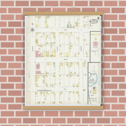 Old map wall art mockup — magnetic wood frame on brick wall — Sanborn Fire Insurance Map from McArthur, Vinton County, Ohio (1896), Sheet #0002