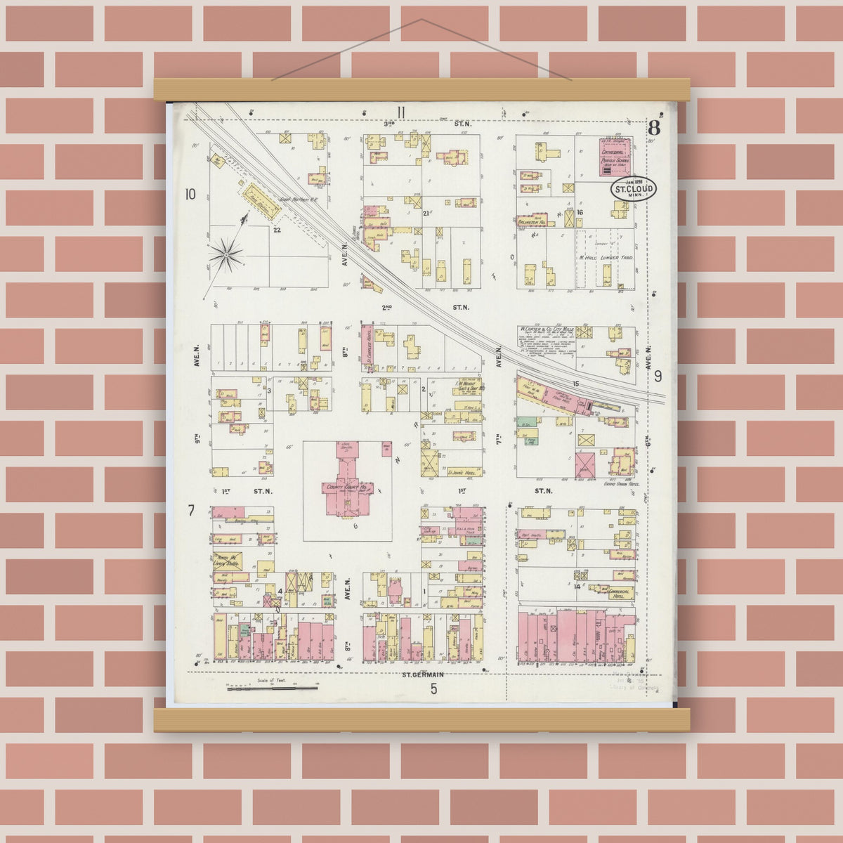 Old map wall art mockup — magnetic wood frame on brick wall — Sanborn Fire Insurance Map from Saint Cloud, Stearns, Benton, and Sherburne Counties, Minnesota (1898), Sheet #0008