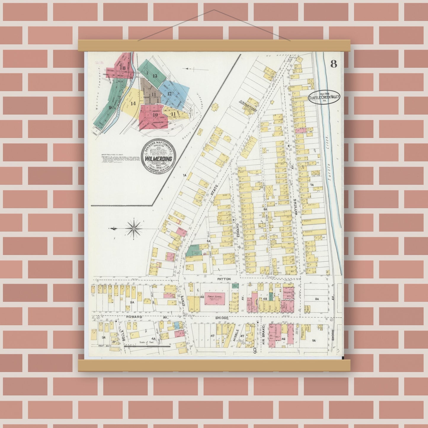 Old map wall art mockup — magnetic wood frame on brick wall — Sanborn Fire Insurance Map from Turtle Creek Valley, Allegheny County, Pennsylvania (1906), Sheet #0008