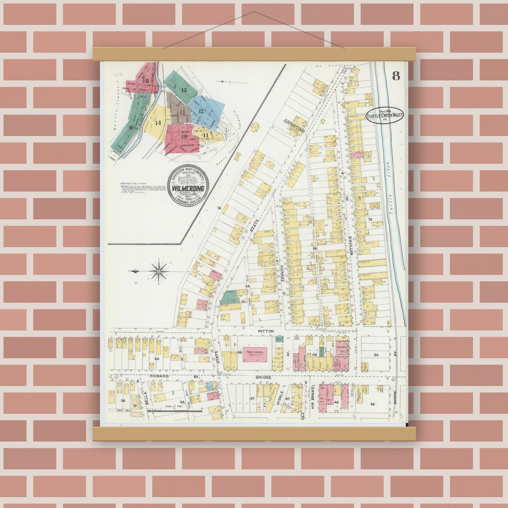 Old map wall art mockup — magnetic wood frame on brick wall — Sanborn Fire Insurance Map from Turtle Creek Valley, Allegheny County, Pennsylvania (1906), Sheet #0008
