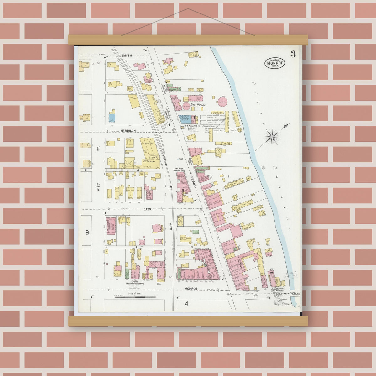 Old map wall art mockup — magnetic wood frame on brick wall — Sanborn Fire Insurance Map from Monroe, Monroe County, Michigan (1899), Sheet #0003