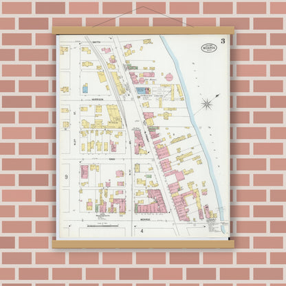 Old map wall art mockup — magnetic wood frame on brick wall — Sanborn Fire Insurance Map from Monroe, Monroe County, Michigan (1899), Sheet #0003