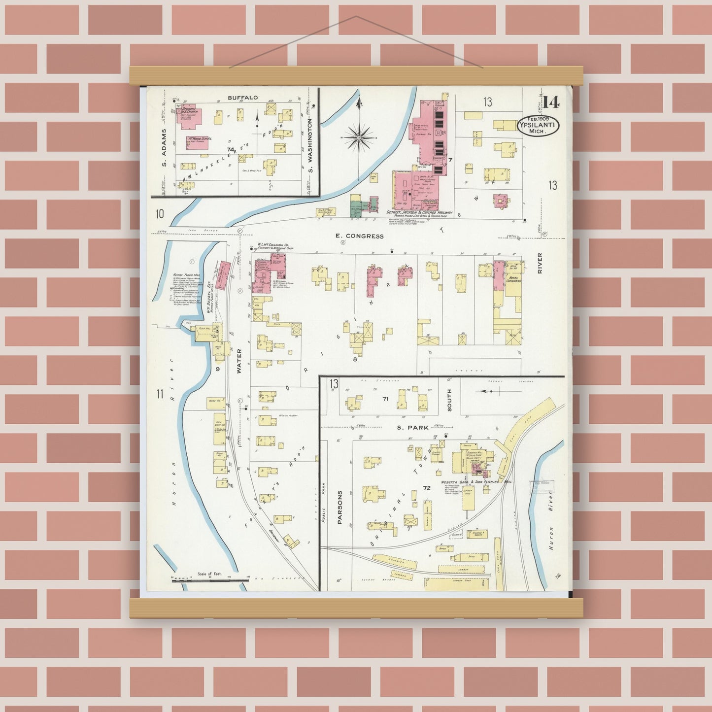 Old map wall art mockup — magnetic wood frame on brick wall — Sanborn Fire Insurance Map from Ypsilanti, Washtenaw County, Michigan (1909), Sheet #0014