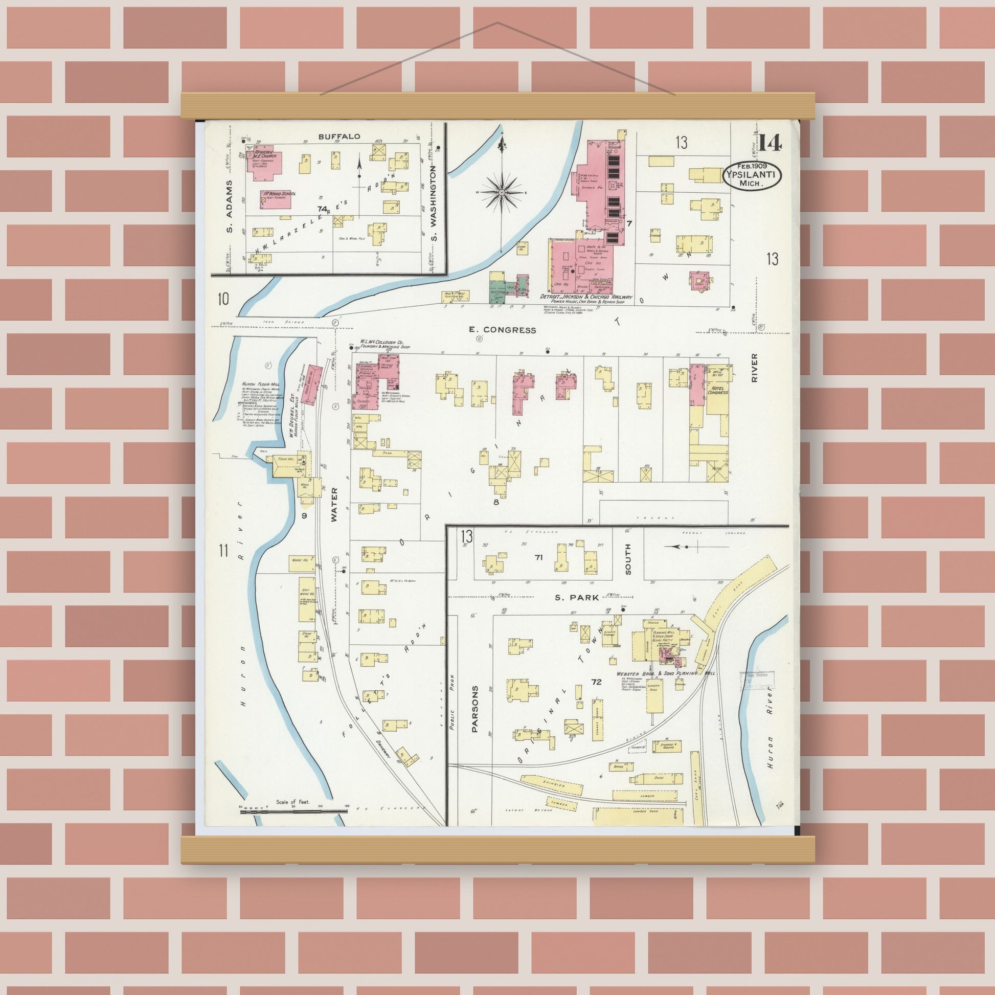 Old map wall art mockup — magnetic wood frame on brick wall — Sanborn Fire Insurance Map from Ypsilanti, Washtenaw County, Michigan (1909), Sheet #0014