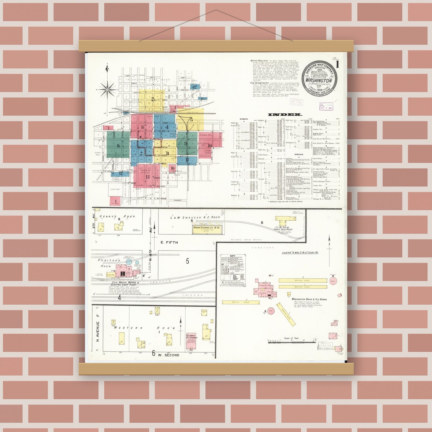 Old map wall art mockup — magnetic wood frame on brick wall — Sanborn Fire Insurance Map from Washington, Washington County, Iowa (1909), Sheet #0001