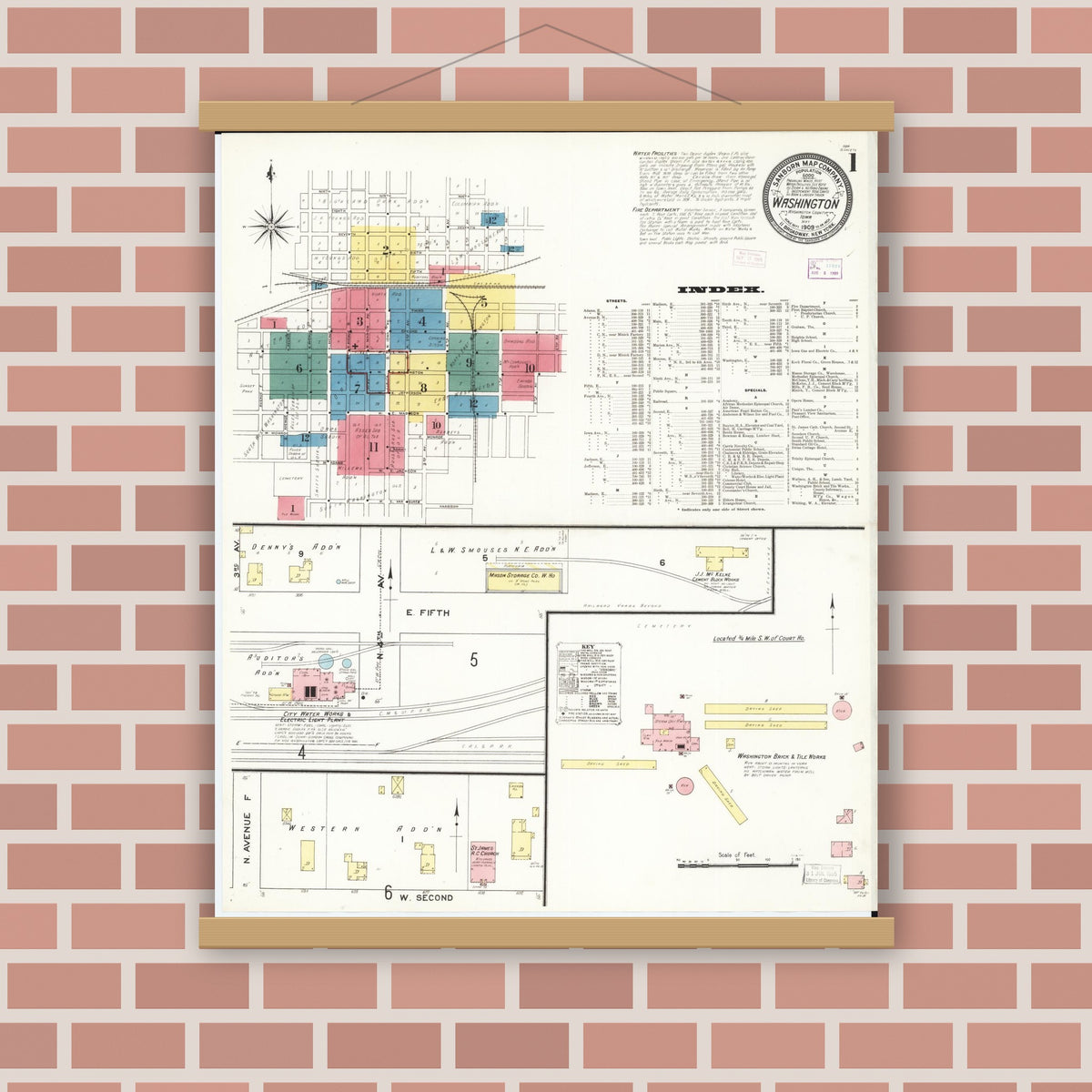 Old map wall art mockup — magnetic wood frame on brick wall — Sanborn Fire Insurance Map from Washington, Washington County, Iowa (1909), Sheet #0001