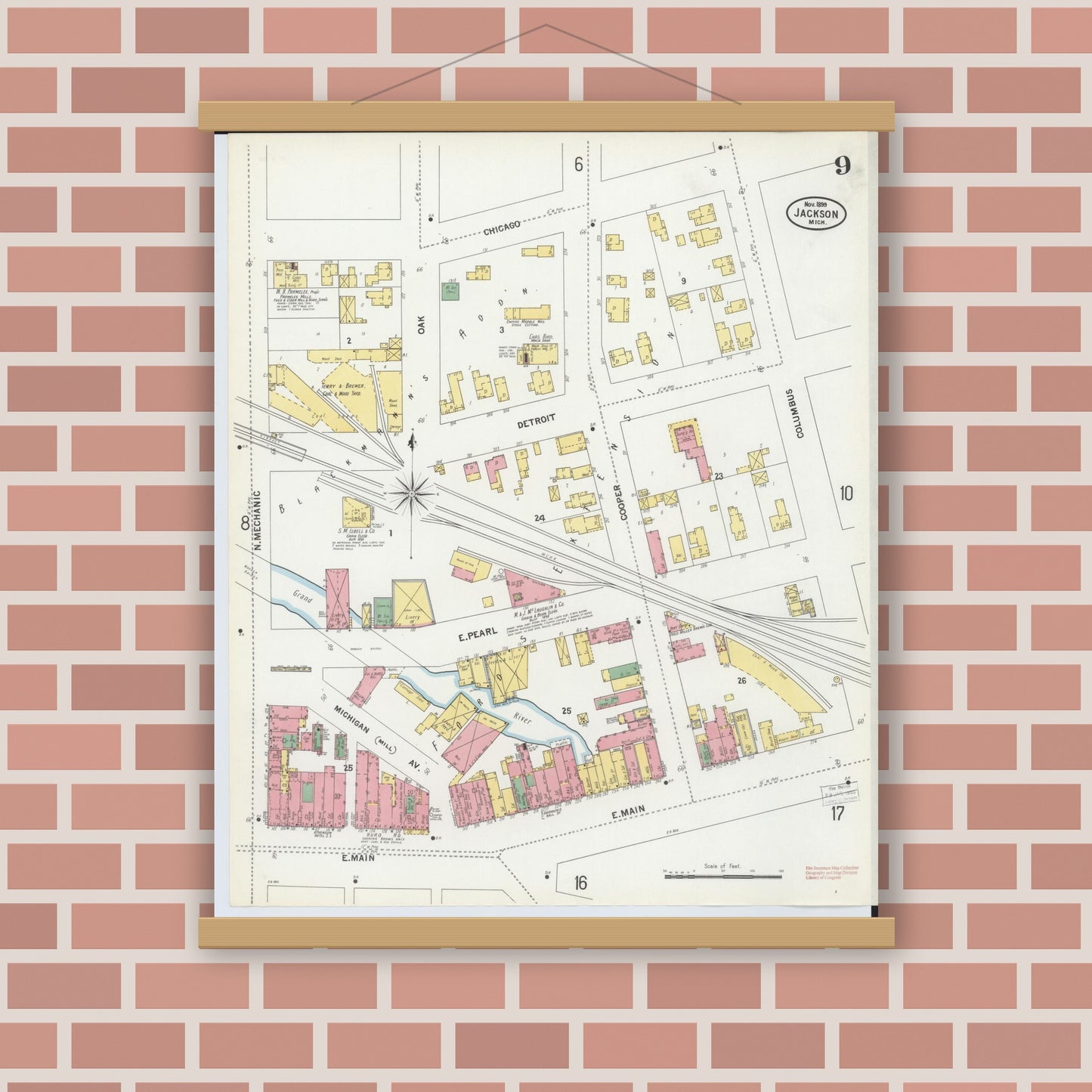 Old map wall art mockup — magnetic wood frame on brick wall — Sanborn Fire Insurance Map from Jackson, Jackson County, Michigan (1899), Sheet #0009