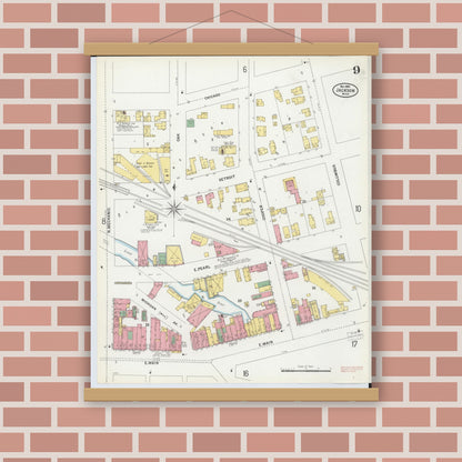 Old map wall art mockup — magnetic wood frame on brick wall — Sanborn Fire Insurance Map from Jackson, Jackson County, Michigan (1899), Sheet #0009