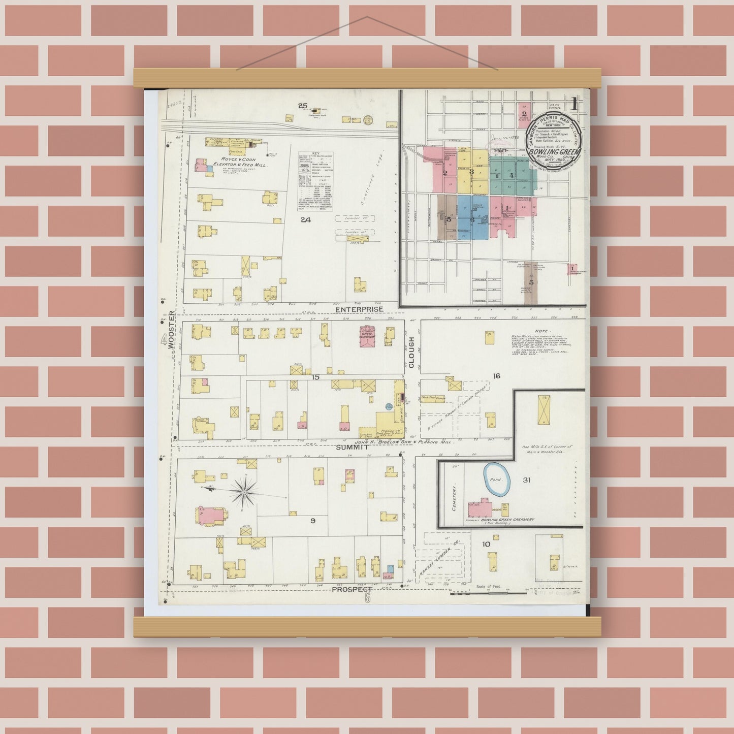 Old map wall art mockup — magnetic wood frame on brick wall — Sanborn Fire Insurance Map from Bowling Green, Wood County, Ohio (1893), Sheet #0001