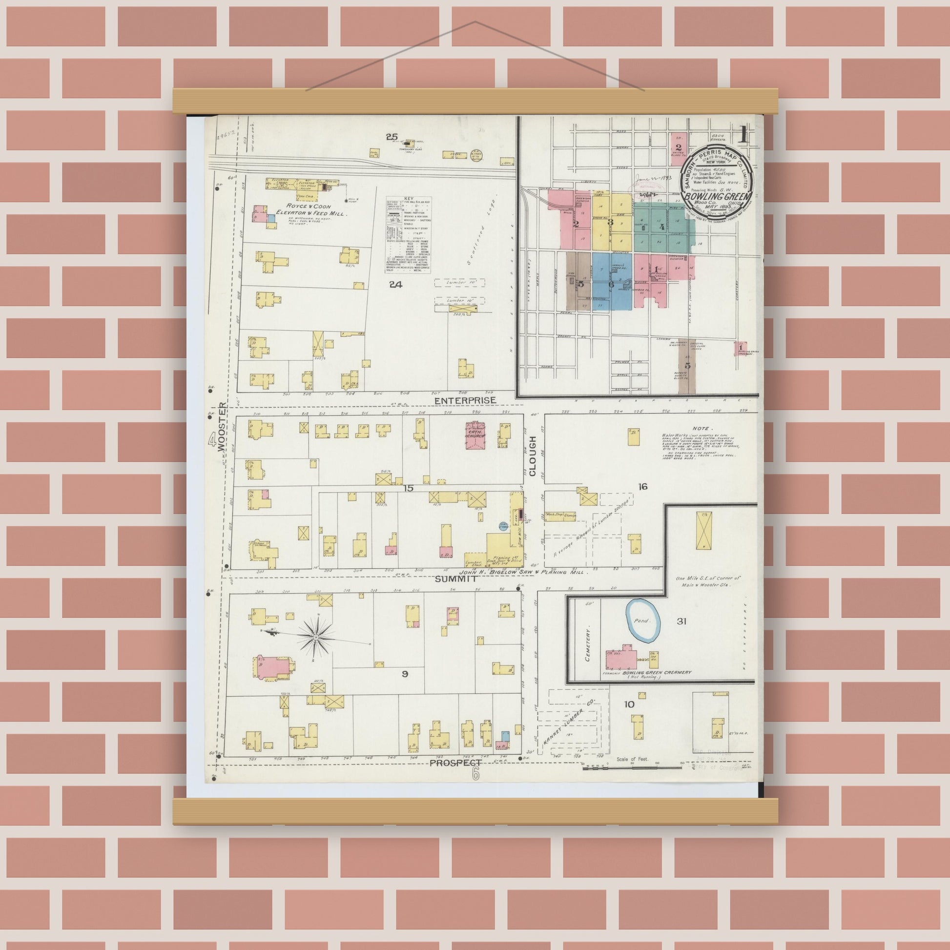 Old map wall art mockup — magnetic wood frame on brick wall — Sanborn Fire Insurance Map from Bowling Green, Wood County, Ohio (1893), Sheet #0001