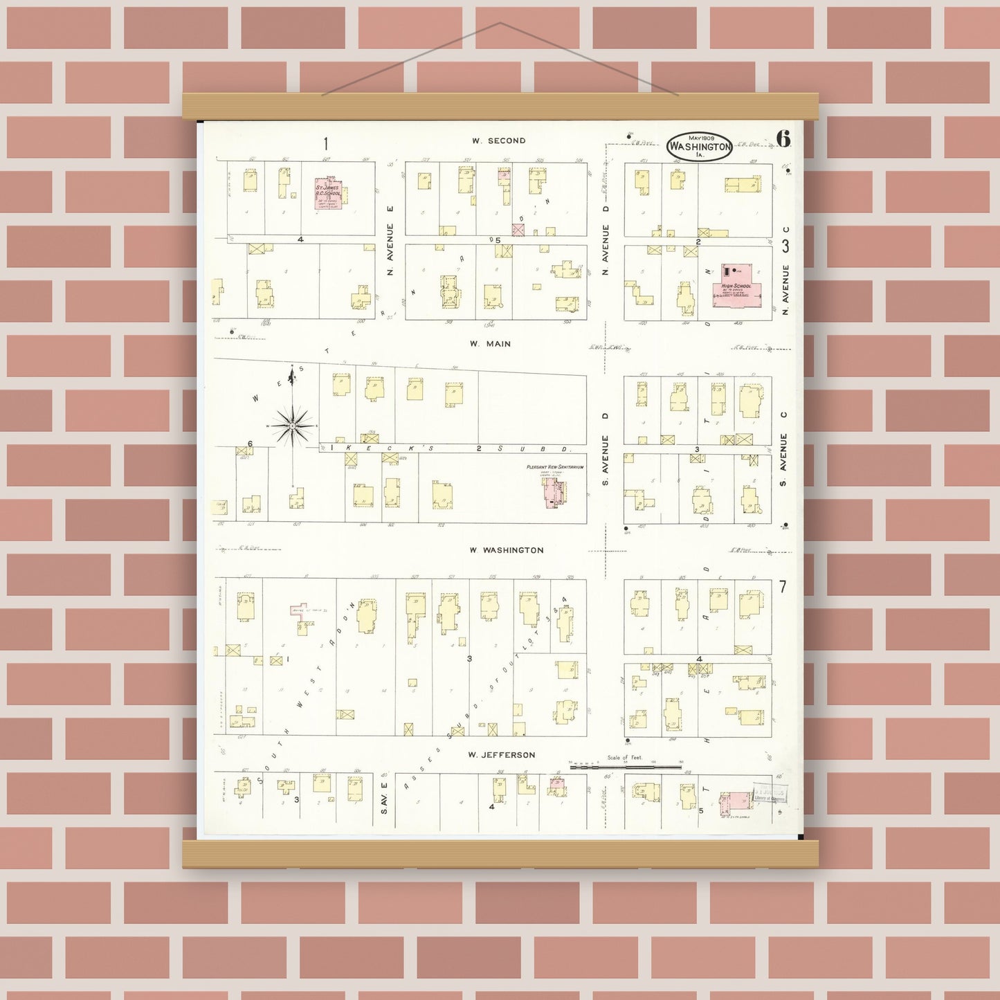 Old map wall art mockup — magnetic wood frame on brick wall — Sanborn Fire Insurance Map from Washington, Washington County, Iowa (1909), Sheet #0006