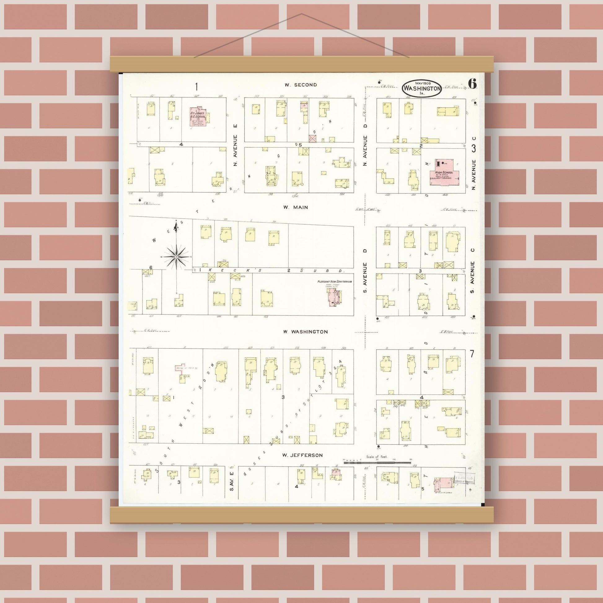 Old map wall art mockup — magnetic wood frame on brick wall — Sanborn Fire Insurance Map from Washington, Washington County, Iowa (1909), Sheet #0006
