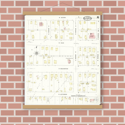Old map wall art mockup — magnetic wood frame on brick wall — Sanborn Fire Insurance Map from Washington, Washington County, Iowa (1909), Sheet #0006