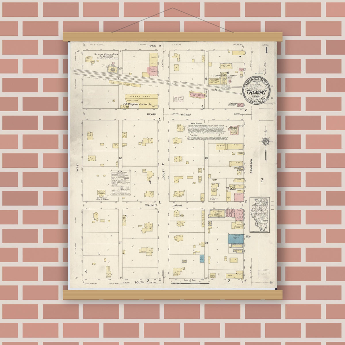 Old map wall art mockup — magnetic wood frame on brick wall — Sanborn Fire Insurance Map from Tremont, Tazewell County, Illinois (1914), Sheet #0001