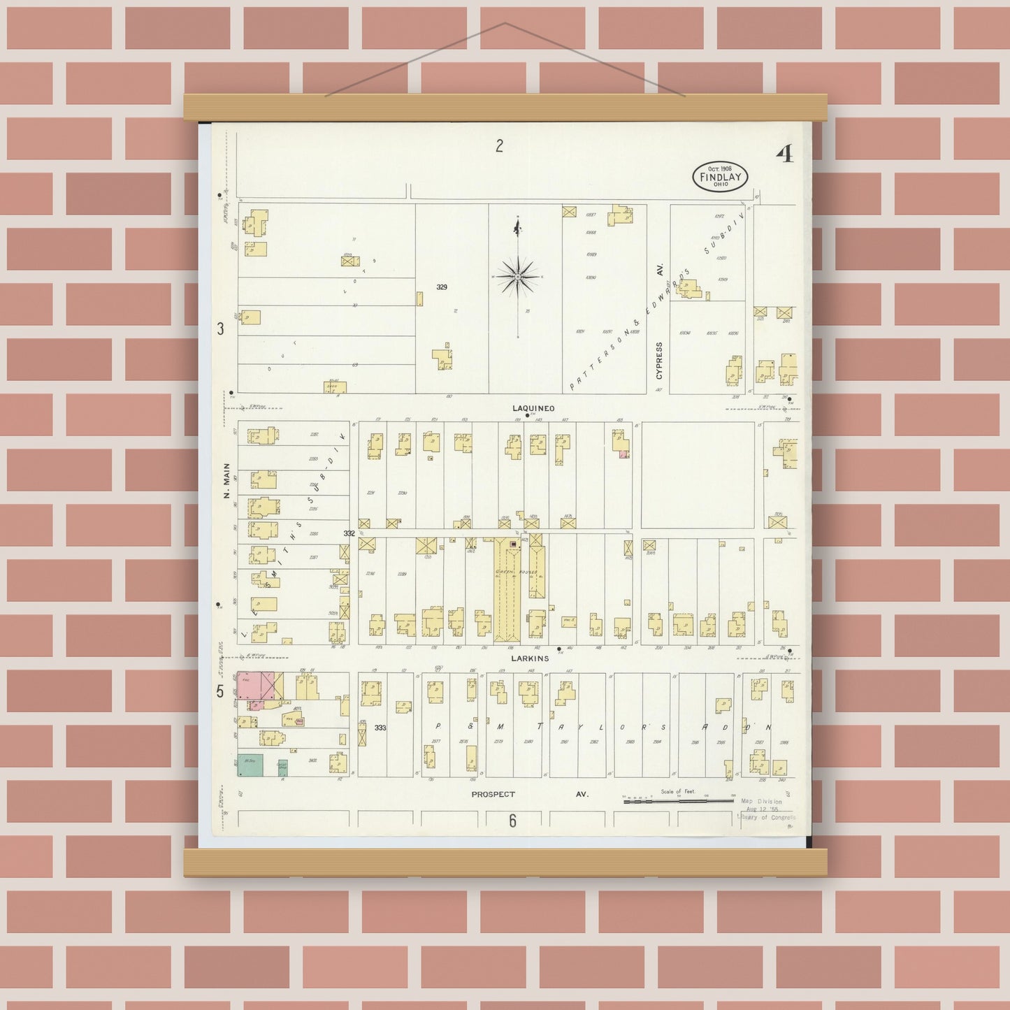 Old map wall art mockup — magnetic wood frame on brick wall — Sanborn Fire Insurance Map from Findlay, Hancock County, Ohio (1908), Sheet #0004