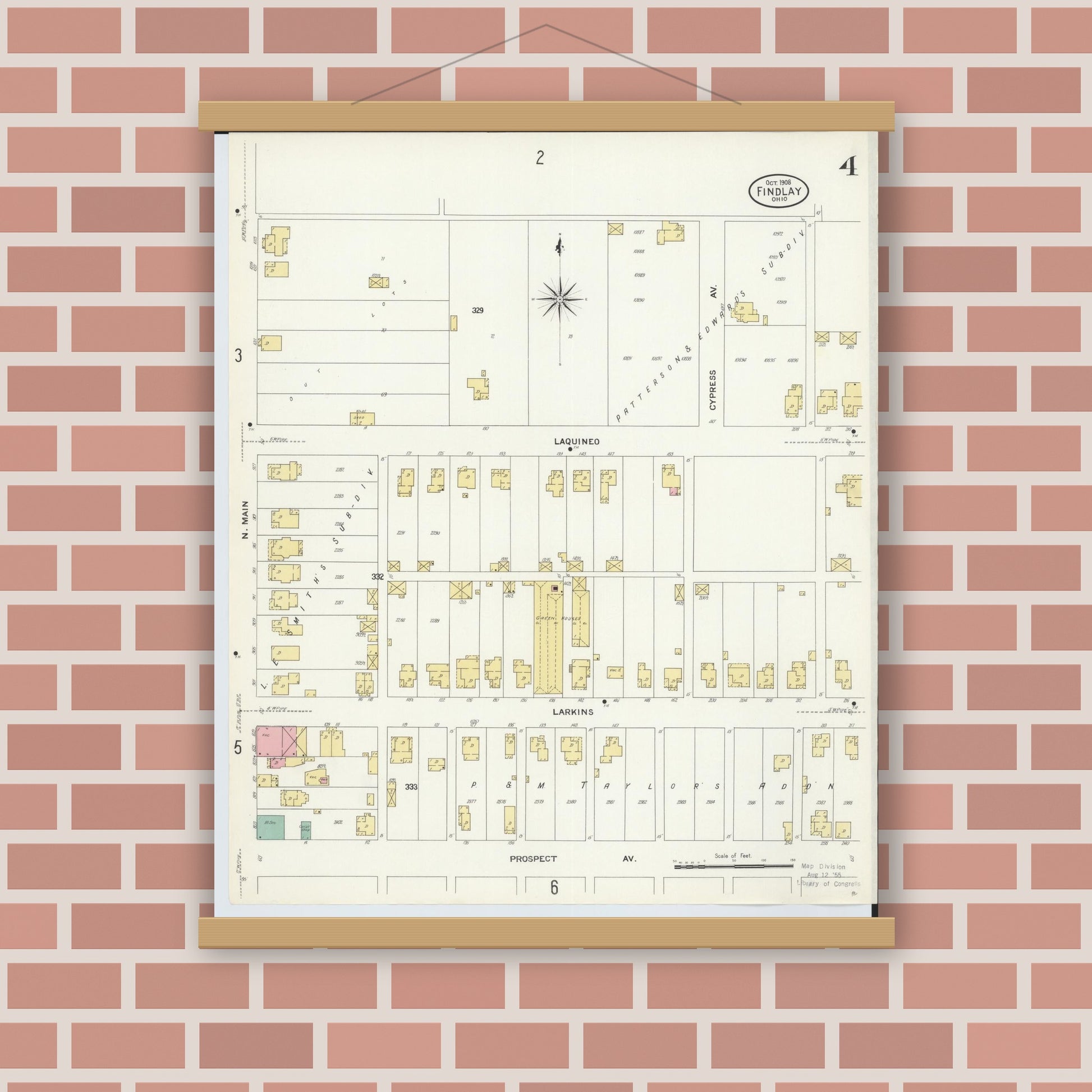 Old map wall art mockup — magnetic wood frame on brick wall — Sanborn Fire Insurance Map from Findlay, Hancock County, Ohio (1908), Sheet #0004