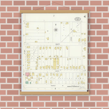 Old map wall art mockup — magnetic wood frame on brick wall — Sanborn Fire Insurance Map from Findlay, Hancock County, Ohio (1908), Sheet #0004