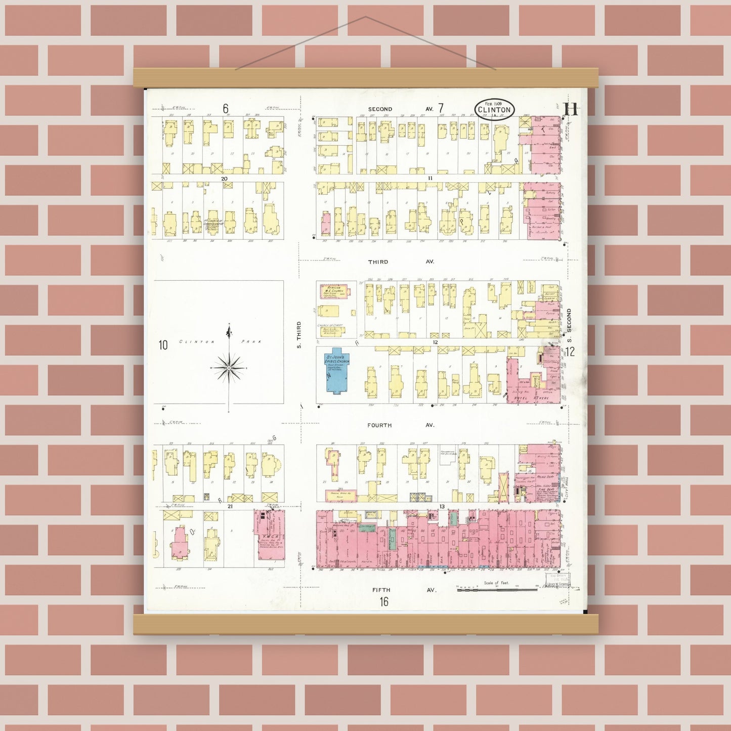 Old map wall art mockup — magnetic wood frame on brick wall — Sanborn Fire Insurance Map from Clinton, Clinton County, Iowa (1909), Sheet #0011