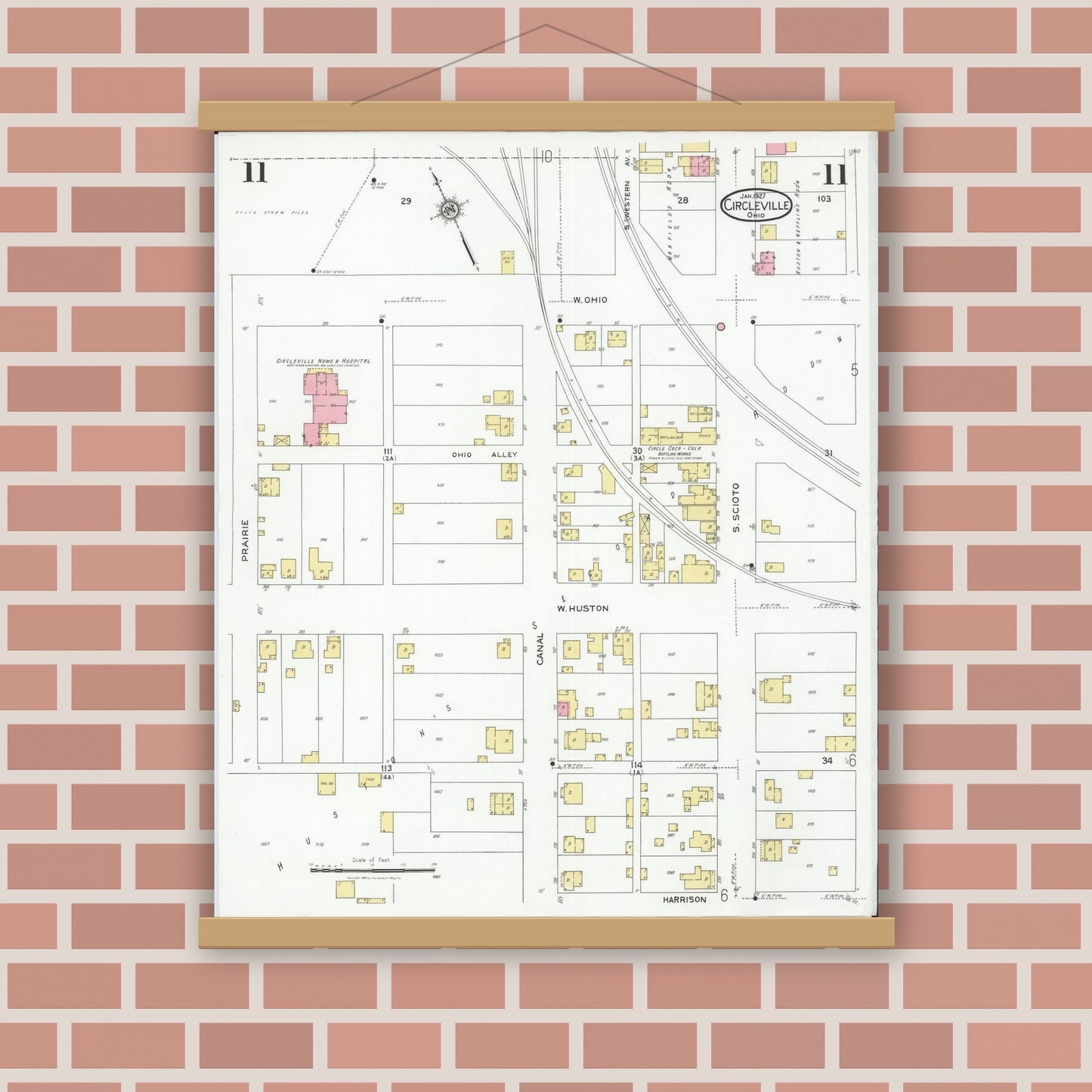 Old map wall art mockup — magnetic wood frame on brick wall — Sanborn Fire Insurance Map from Circleville, Pickaway County, Ohio (1927), Sheet #0011
