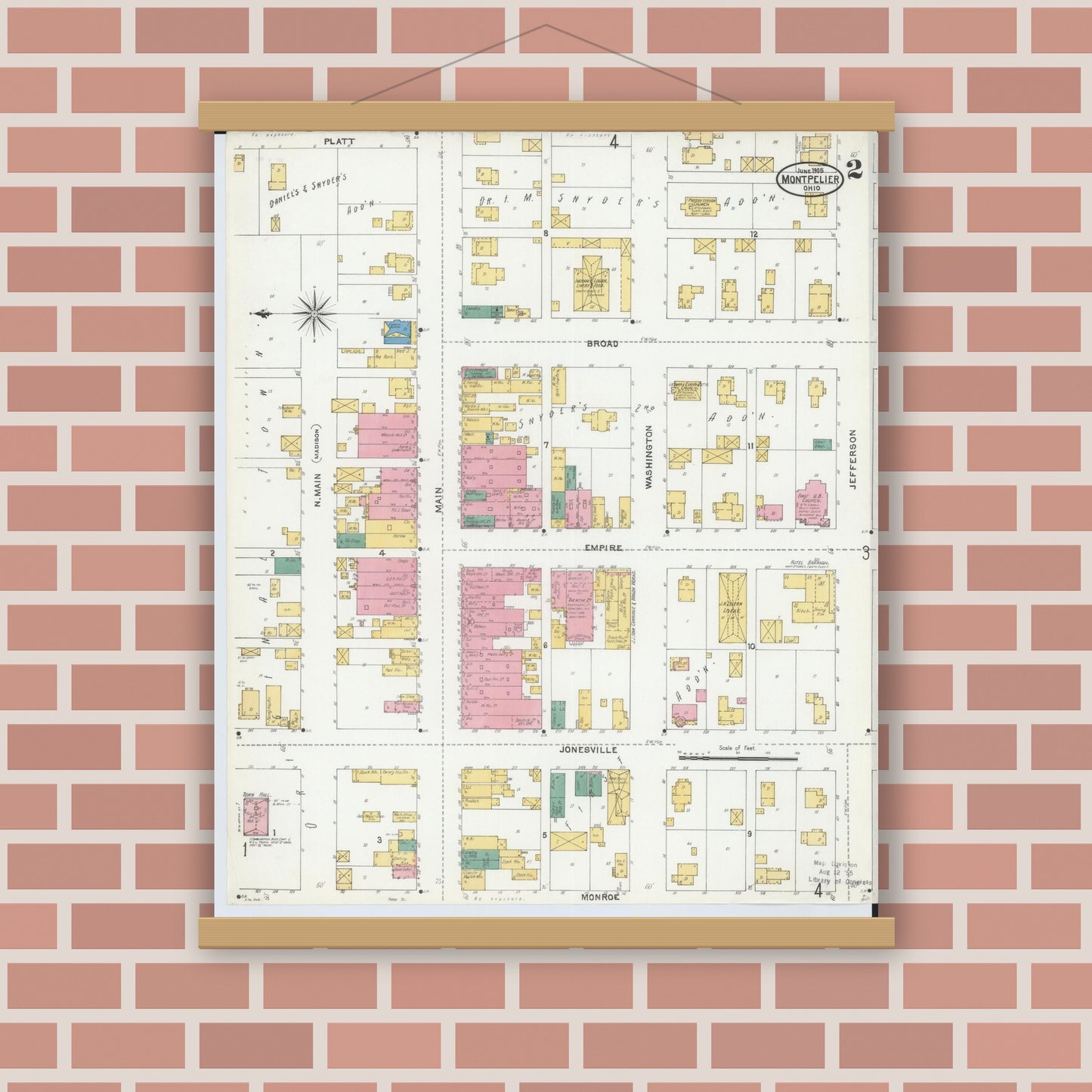 Old map wall art mockup — magnetic wood frame on brick wall — Sanborn Fire Insurance Map from Montpelier, Williams County, Ohio (1905), Sheet #0002
