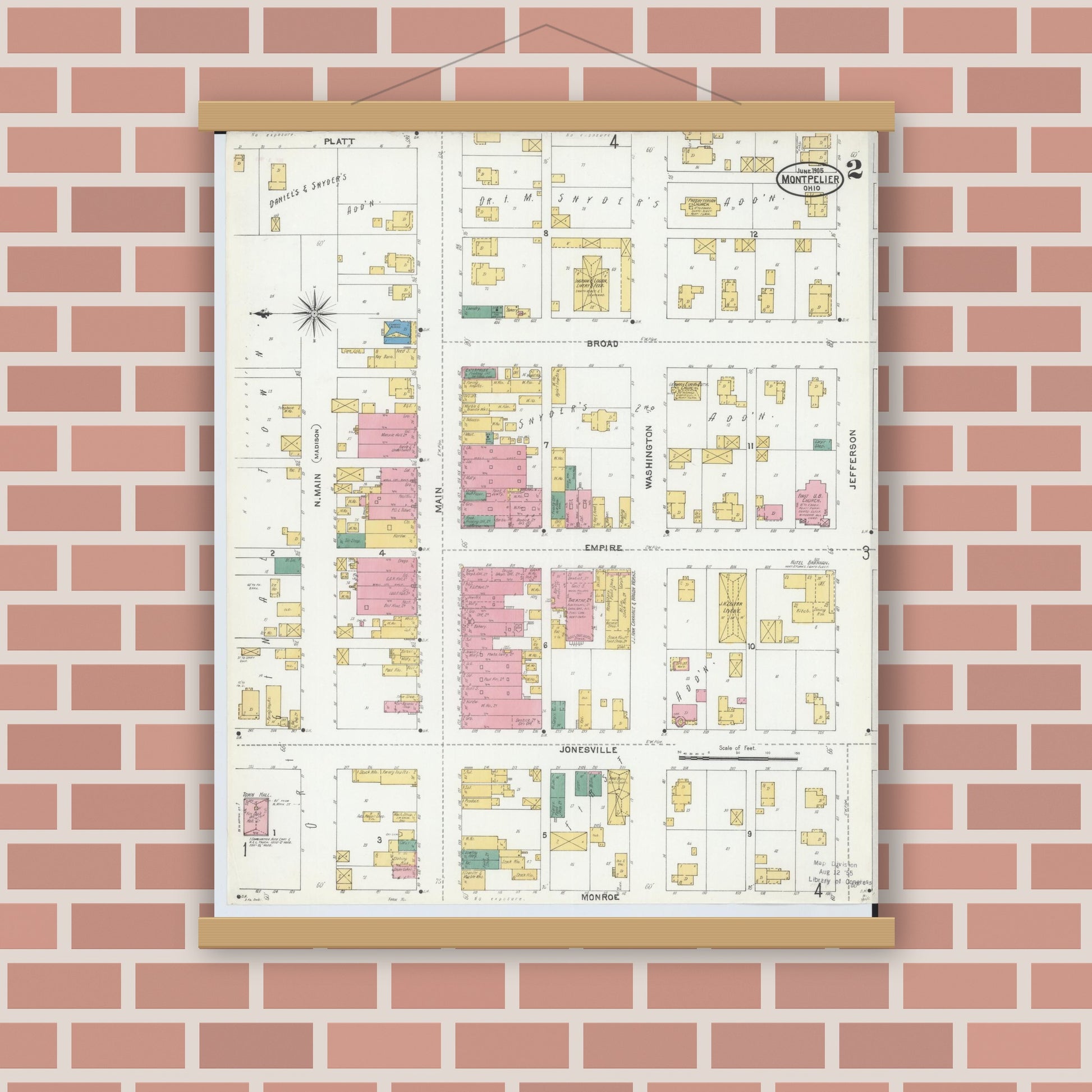 Old map wall art mockup — magnetic wood frame on brick wall — Sanborn Fire Insurance Map from Montpelier, Williams County, Ohio (1905), Sheet #0002